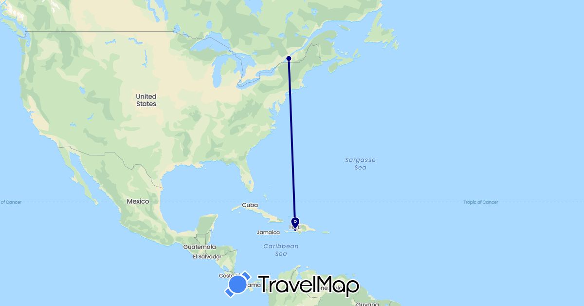 TravelMap itinerary: driving, plane in Canada, Haiti (North America)